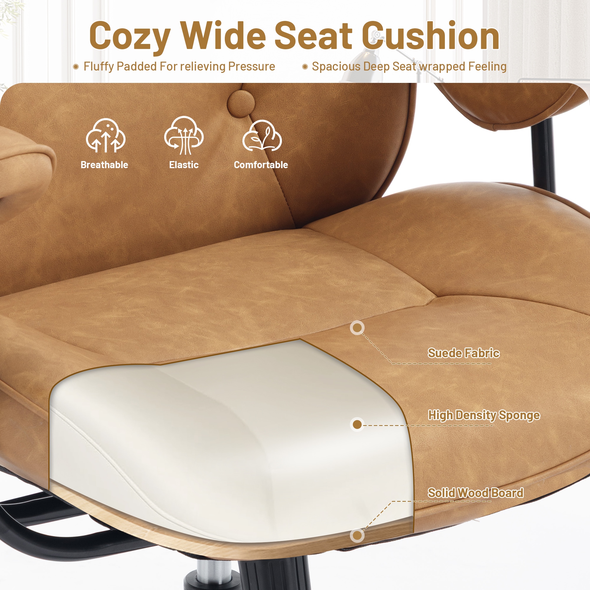 Home Office Desk Chair Retro Leather Chair With Lumbar Support &Rubber Wheels, Mid Back Ergonomic Computer Chair Swivel Rolling Work Chair_maomaolike.com